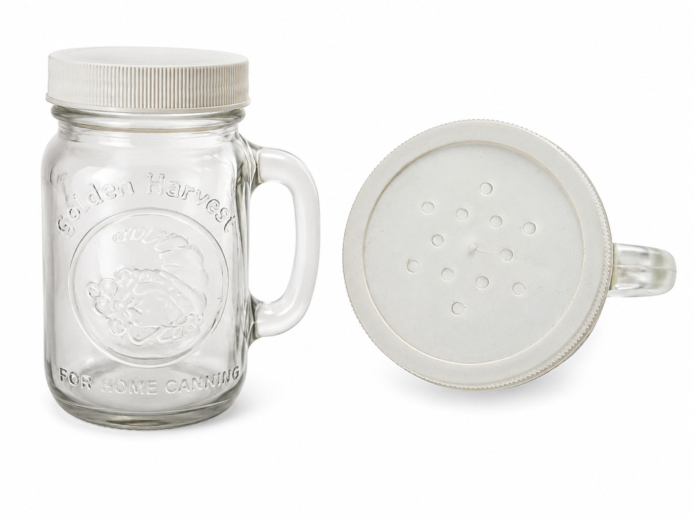 Vintage Golden Harvest Glass Mason Jar Mug Shaker Lid Handle